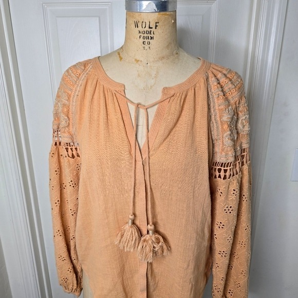 Nichole Miller Artelier cantaloupe linen embroidered womens long sleeve‎  top L - Picture 2 of 11